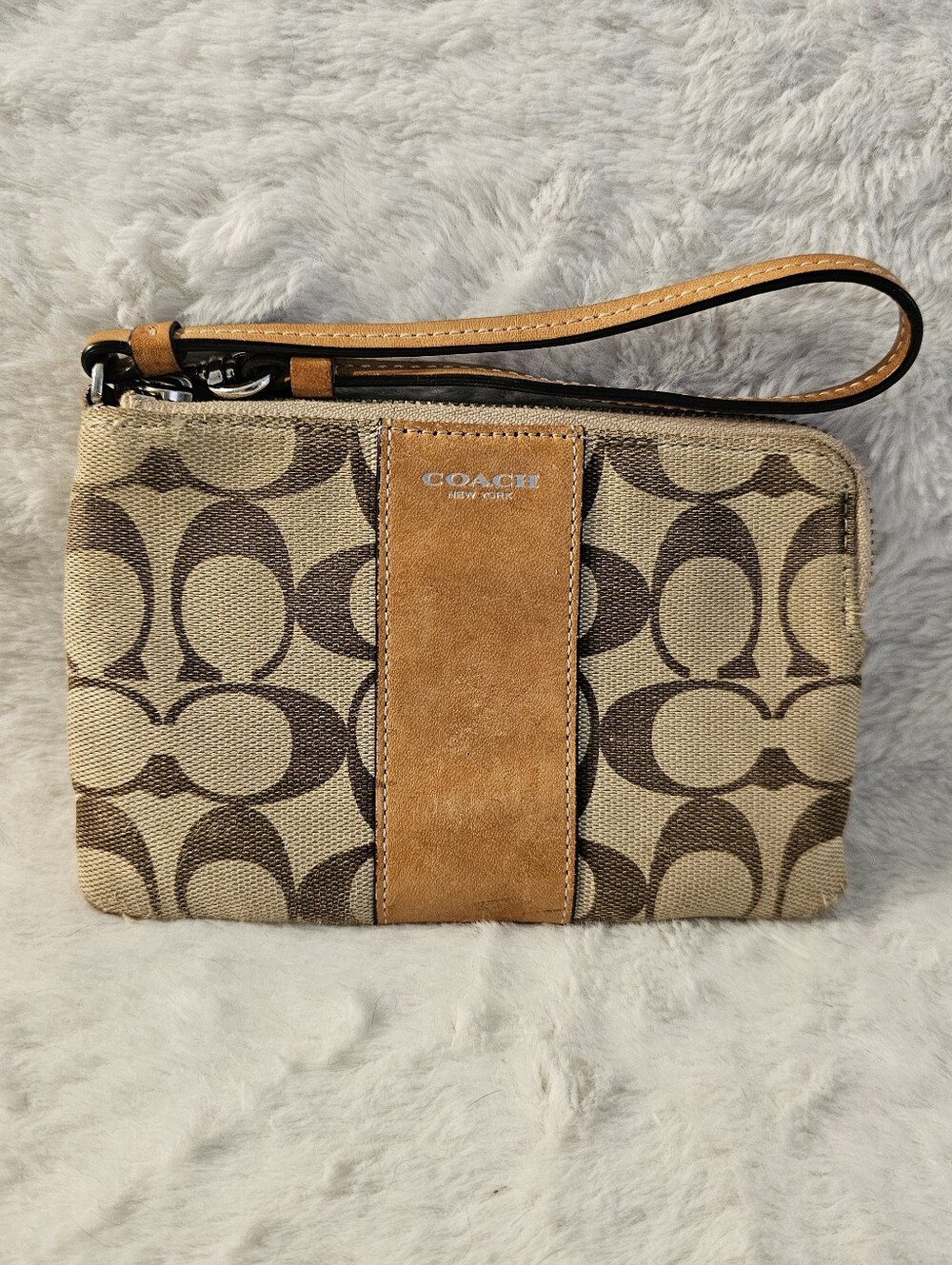 Coach Tan/Brown Signature Canvas Wristlet with Leather Stripe
